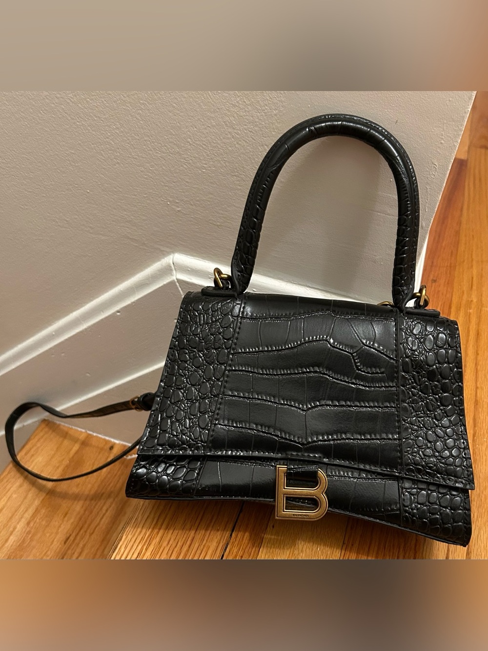 Black Croc-Embossed Top Handle Satchel with Gold B Hardware